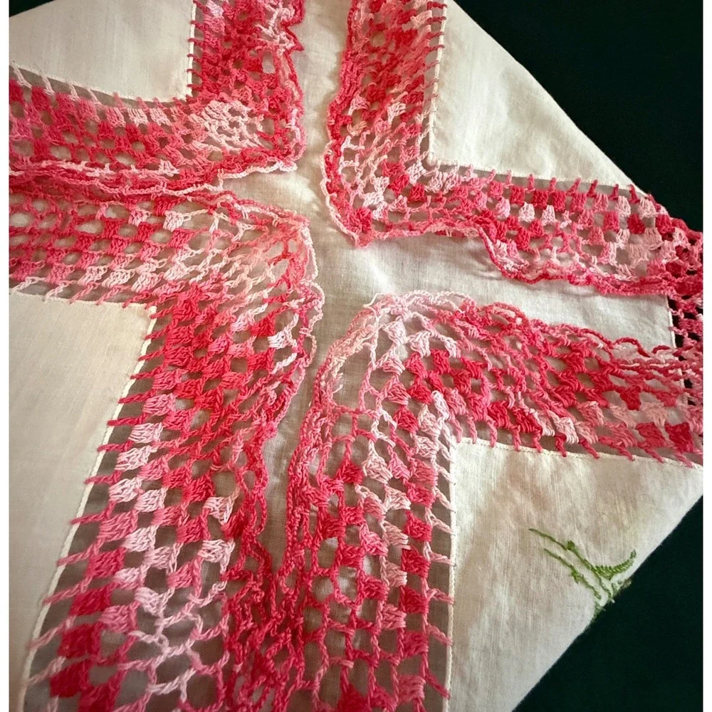 Vintage‎ Floral Handkerchief Set Pink White Lace Embroidered Cotton 3 Piece